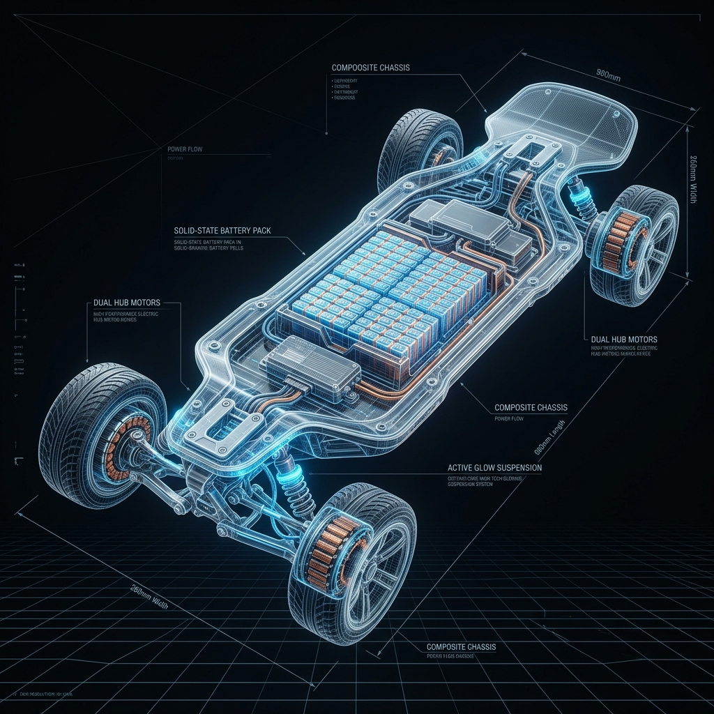 Translucent futuristic skeletal skateboard chassis rendering showing battery pack cells