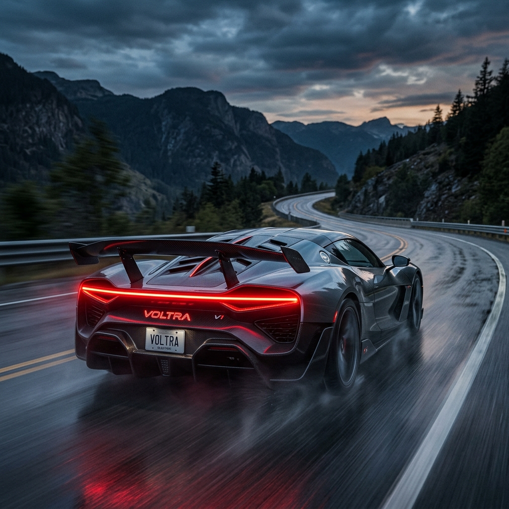 Voltra V1 rear active spoiler deployed with glowing red laser lightbar